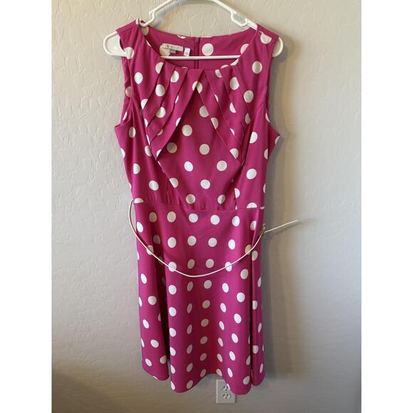 dressbarn Dresses & Skirts - Signature Dress Womens 16‎ Pink A-line Polka Dot Sleeveless Belted Retro Chic